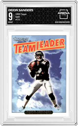 Deion Sanders from the 1993 Topps set featuring a Gold parallel graded by Arena Club and given an overall grade of 9.
