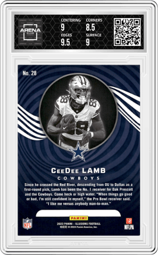 CeeDee Lamb from the 2023 Panini Illusions set featuring a Trophy Collection Pink parallel graded by Arena Club and given an overall grade of 9.
