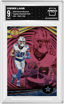 CeeDee Lamb from the 2023 Panini Illusions set featuring a Trophy Collection Pink parallel graded by Arena Club and given an overall grade of 9.