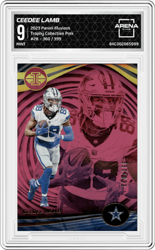 CeeDee Lamb from the 2023 Panini Illusions set featuring a Trophy Collection Pink parallel graded by Arena Club and given an overall grade of 9.