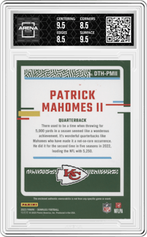 Patrick Mahomes II from the 2023 Panini Donruss set graded by Arena Club and given an overall grade of 9.