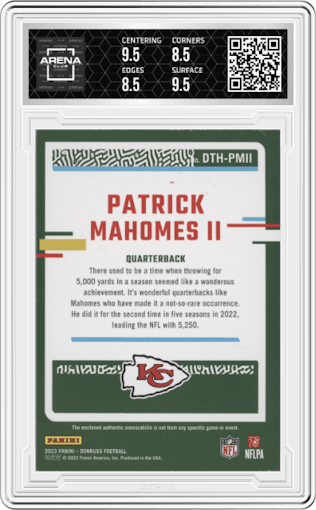 Patrick Mahomes II from the 2023 Panini Donruss set graded by Arena Club and given an overall grade of 9.