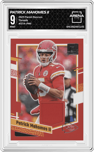 Patrick Mahomes II from the 2023 Panini Donruss set graded by Arena Club and given an overall grade of 9.