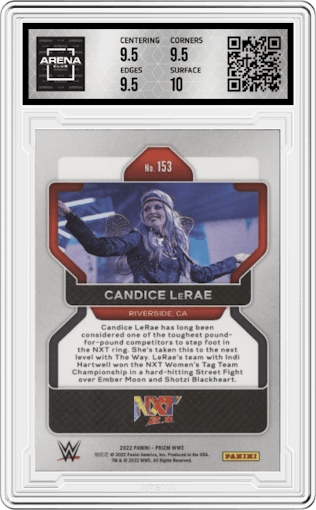 Candice LeRae from the 2022 Panini Prizm WWE Debut Edition  set graded by Arena Club and given an overall grade of 10.