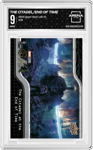 The Citadel at the End of Time from the 2023 Upper Deck Loki Season 1 set graded by Arena Club and given an overall grade of 9.