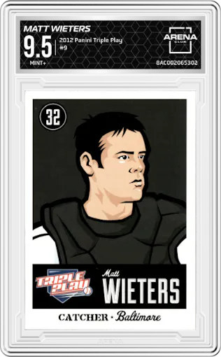 Matt Wieters from the 2012 Panini Triple Play set graded by Arena Club and given an overall grade of 9.5.