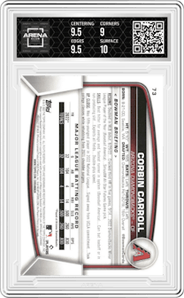 Corbin Carroll from the 2023 Bowman  set graded by Arena Club and given an overall grade of 9.5.