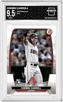 Corbin Carroll from the 2023 Bowman  set graded by Arena Club and given an overall grade of 9.5.