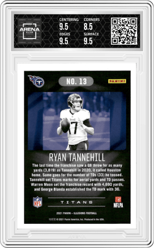 Ryan Tannehill from the 2021 Panini Illusions set featuring a Trophy Collection Yellow Diamond parallel graded by Arena Club and given an overall grade of 9.