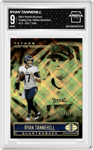 Ryan Tannehill from the 2021 Panini Illusions set featuring a Trophy Collection Yellow Diamond parallel graded by Arena Club and given an overall grade of 9.