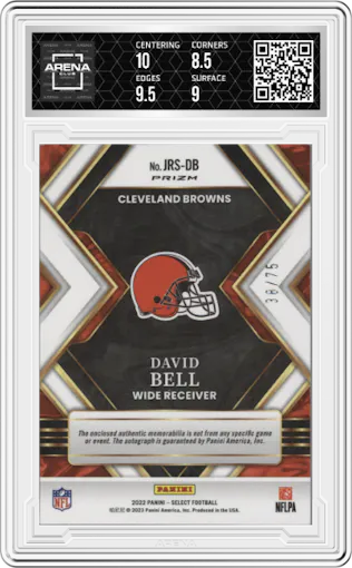 David Bell from the 2022 Panini Select set featuring a White Prizm parallel graded by Arena Club and given an overall grade of 9.