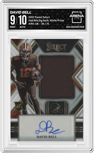 David Bell from the 2022 Panini Select set featuring a White Prizm parallel graded by Arena Club and given an overall grade of 9.