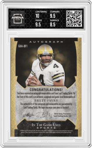 Brett Favre from the 2022 Leaf In the Game Used Sports set featuring a Pattern Silver parallel graded by Arena Club and given an overall grade of 9.