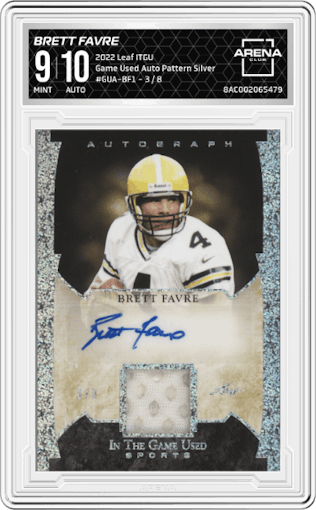 Brett Favre from the 2022 Leaf In the Game Used Sports set featuring a Pattern Silver parallel graded by Arena Club and given an overall grade of 9.