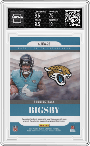 Tank Bigsby from the 2023 Panini Plates & Patches set featuring a Gold parallel graded by Arena Club and given an overall grade of 8.