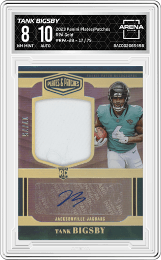 Tank Bigsby from the 2023 Panini Plates & Patches set featuring a Gold parallel graded by Arena Club and given an overall grade of 8.