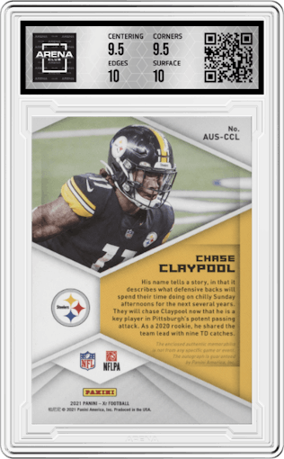 Chase Claypool from the 2021 Panini XR set featuring a Blue parallel graded by Arena Club and given an overall grade of 10.