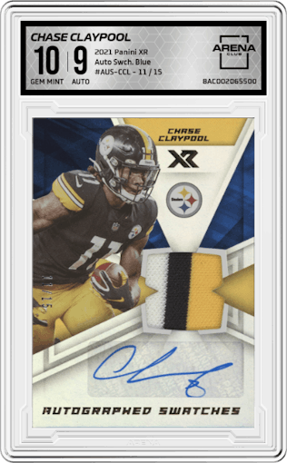 Chase Claypool from the 2021 Panini XR set featuring a Blue parallel graded by Arena Club and given an overall grade of 10.