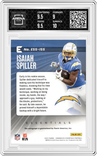 Isaiah Spiller from the 2022 Panini Chronicles set featuring a Red parallel graded by Arena Club and given an overall grade of 9.5.