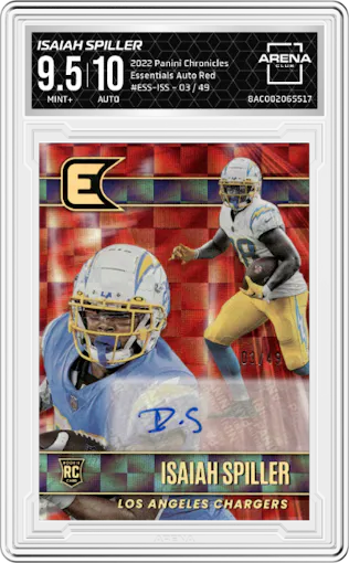 Isaiah Spiller from the 2022 Panini Chronicles set featuring a Red parallel graded by Arena Club and given an overall grade of 9.5.