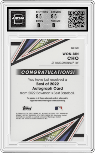 Won-Bin Cho from the 2022 Bowman’s Best   set graded by Arena Club and given an overall grade of 10.