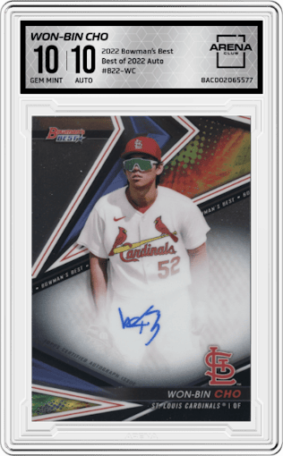 Won-Bin Cho from the 2022 Bowman’s Best   set graded by Arena Club and given an overall grade of 10.