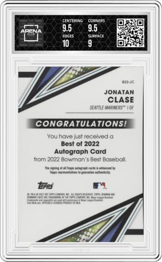 Jonatan Clase from the 2022 Bowman’s Best   set graded by Arena Club and given an overall grade of 9.5.