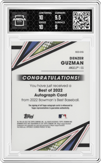 Denzer Guzman from the 2022 Bowman’s Best   set graded by Arena Club and given an overall grade of 9.5.