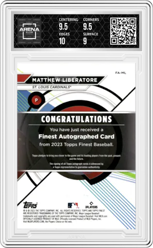 Matthew Liberatore from the 2023 Topps Finest set featuring a Green Wave parallel graded by Arena Club and given an overall grade of 9.5.