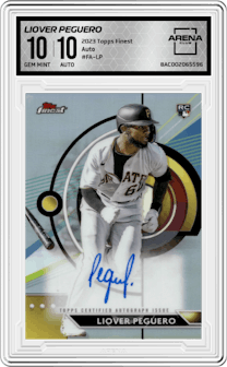Liover Peguero from the 2023 Topps Finest set graded by Arena Club and given an overall grade of 10.