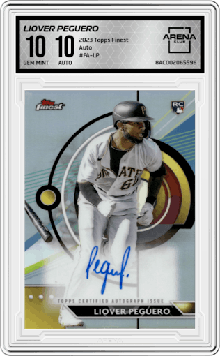 Liover Peguero from the 2023 Topps Finest set graded by Arena Club and given an overall grade of 10.