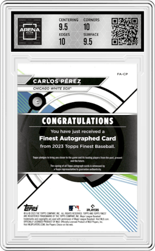 Carlos Perez from the 2023 Topps Finest set graded by Arena Club and given an overall grade of 10.
