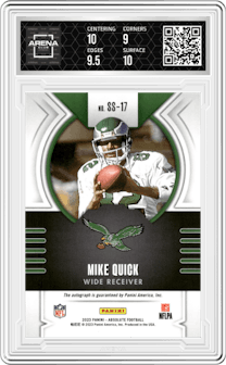 Mike Quick from the 2023 Panini Absolute set featuring a Red parallel graded by Arena Club and given an overall grade of 9.5.