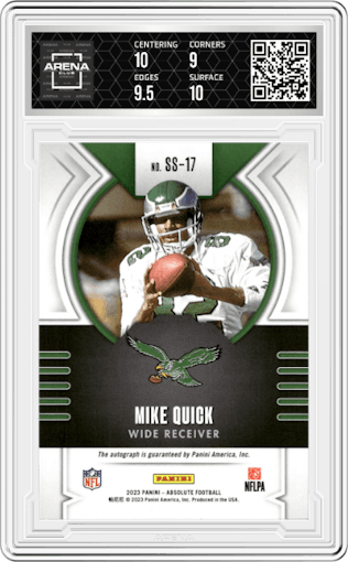 Mike Quick from the 2023 Panini Absolute set featuring a Red parallel graded by Arena Club and given an overall grade of 9.5.