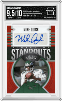 Mike Quick from the 2023 Panini Absolute set featuring a Red parallel graded by Arena Club and given an overall grade of 9.5.