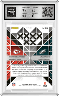 Patrick Mahomes II/Jalen Hurts from the 2023 Panini Mosaic set featuring a Silver parallel graded by Arena Club and given an overall grade of 10.
