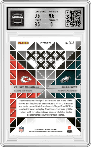 Patrick Mahomes II/Jalen Hurts from the 2023 Panini Mosaic set featuring a Silver parallel graded by Arena Club and given an overall grade of 10.