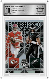 Patrick Mahomes II/Jalen Hurts from the 2023 Panini Mosaic set featuring a Silver parallel graded by Arena Club and given an overall grade of 10.