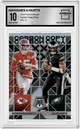 Patrick Mahomes II/Jalen Hurts from the 2023 Panini Mosaic set featuring a Silver parallel graded by Arena Club and given an overall grade of 10.