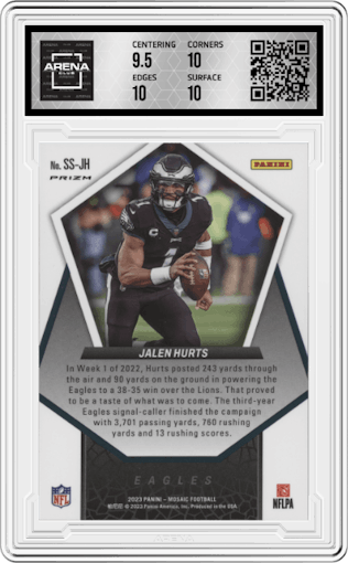 Jalen Hurts from the 2023 Panini Mosaic set featuring a Silver parallel graded by Arena Club and given an overall grade of 10.