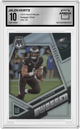 Jalen Hurts from the 2023 Panini Mosaic set featuring a Silver parallel graded by Arena Club and given an overall grade of 10.