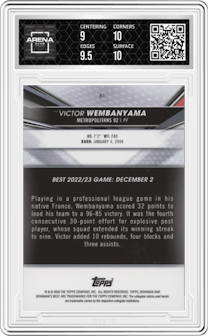 Victor Wembanyama from the 2022-23 Bowman University Best set graded by Arena Club and given an overall grade of 9.5.