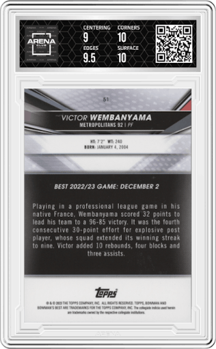 Victor Wembanyama from the 2022-23 Bowman University Best set graded by Arena Club and given an overall grade of 9.5.