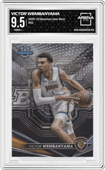 Victor Wembanyama from the 2022-23 Bowman University Best set graded by Arena Club and given an overall grade of 9.5.