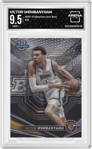 Victor Wembanyama from the 2022-23 Bowman University Best set graded by Arena Club and given an overall grade of 9.5.