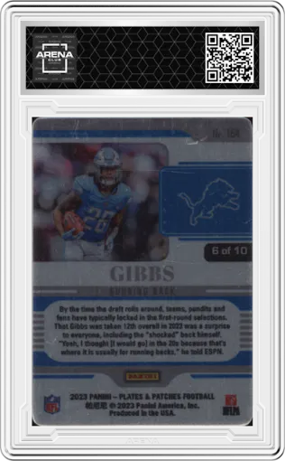 Jahmyr Gibbs from the 2023 Panini Plates & Patches set featuring a Gold W/ Coating parallel graded by Arena Club.