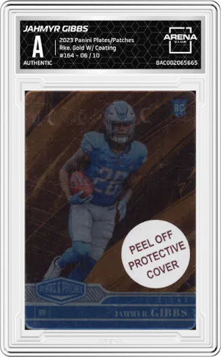 Jahmyr Gibbs from the 2023 Panini Plates & Patches set featuring a Gold W/ Coating parallel graded by Arena Club.