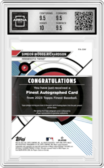 Simeon Woods Richardson from the 2023 Topps Finest set featuring a Blue Refractor parallel graded by Arena Club and given an overall grade of 10.