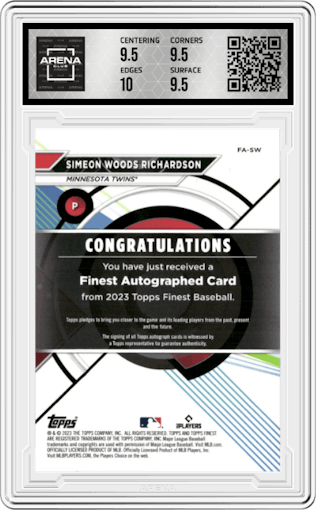 Simeon Woods Richardson from the 2023 Topps Finest set featuring a Blue Refractor parallel graded by Arena Club and given an overall grade of 10.