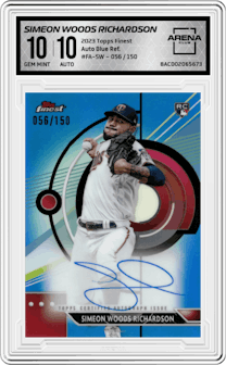 Simeon Woods Richardson from the 2023 Topps Finest set featuring a Blue Refractor parallel graded by Arena Club and given an overall grade of 10.